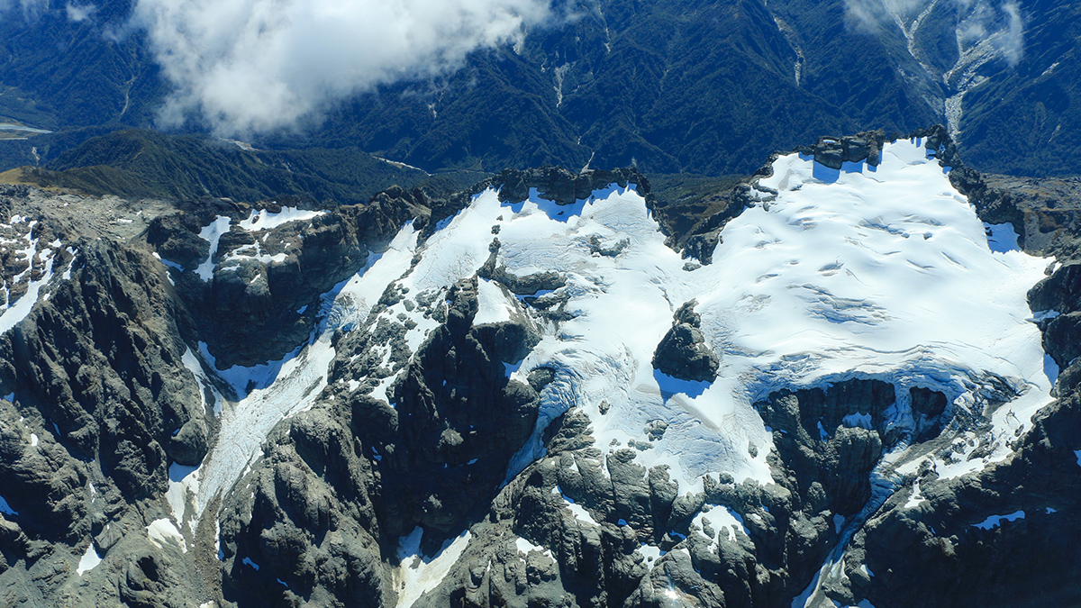 Aerial image of glaciers in the Southern Alps in New Zealand, taken during the annual snowline survey