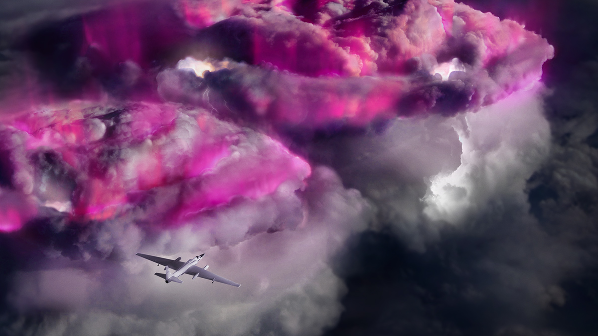 Artist’s conception of an airplane flying above thunderstorm clouds tinted pink to represent gamma ray emissions