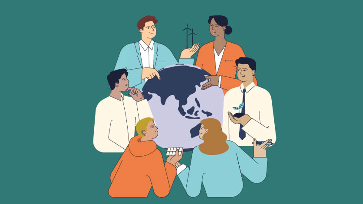 Animated image of people having a conversation around a globe