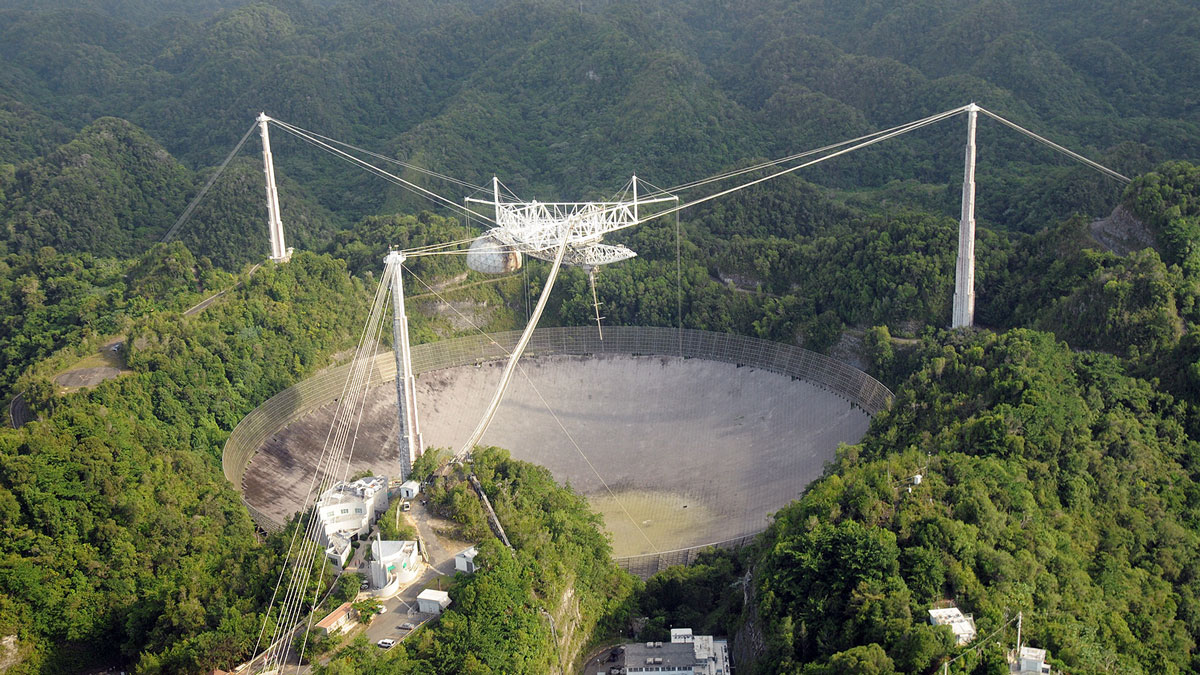 Aerial view of the Arecibo radio telescope, a large light-colored dish set into the ground, surrounded by trees.