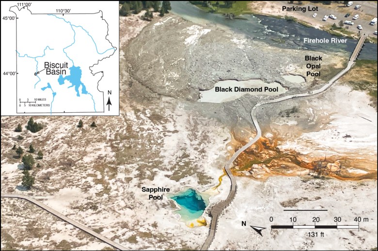 An aerial image of Black Diamond Pool and its surroundings with labels identifying major features. An inset map shows the location of Biscuit Basin within Yellowstone National Park.