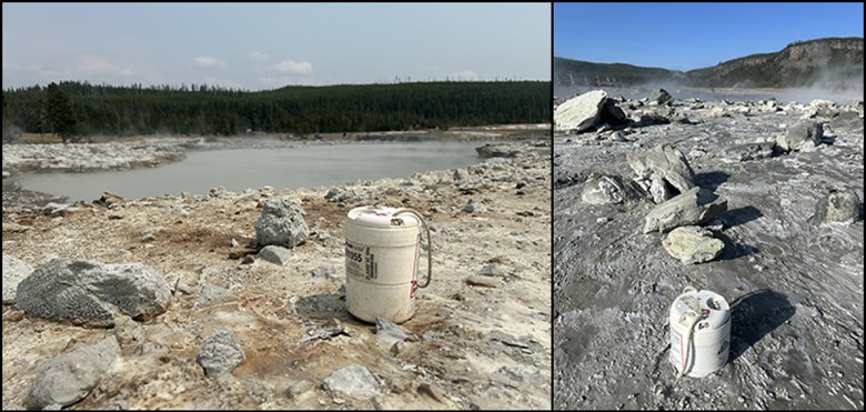 A pair of images shows large white containers holding temporary seismometers deployed amid rocky ground near Black Diamond Pool.