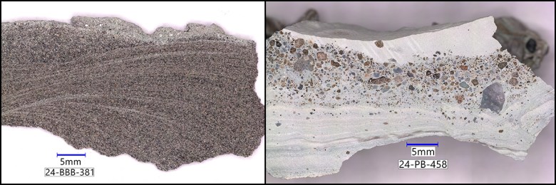 Close-up views of two rocks, one with a darker and more uniform sandy texture and the other with bits of gravel embedded in light-colored, fine-grained material