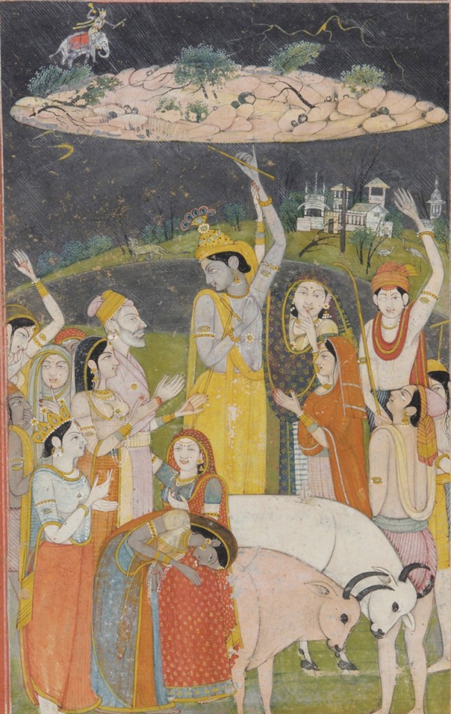 Painting depicting the Hindu deity Krishna holding a mountain above a group of people and cattle