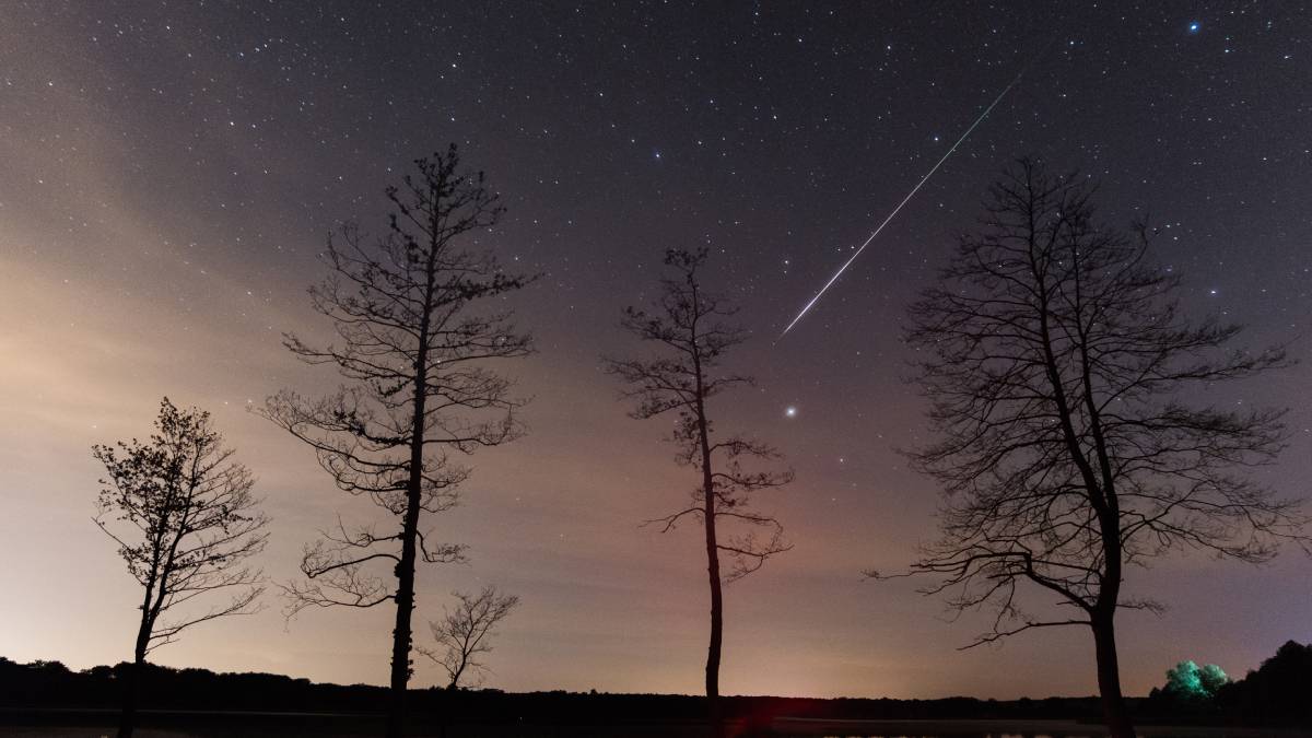 A single meteor streaks across a twilight sky. Several bare trees are silhouetted against and reflect in a still lake.