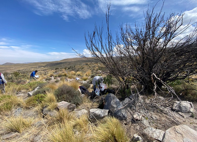 Fotografía de los investigadores recogiendo muestras de suelo en los alrededores de Pichu Pichu.