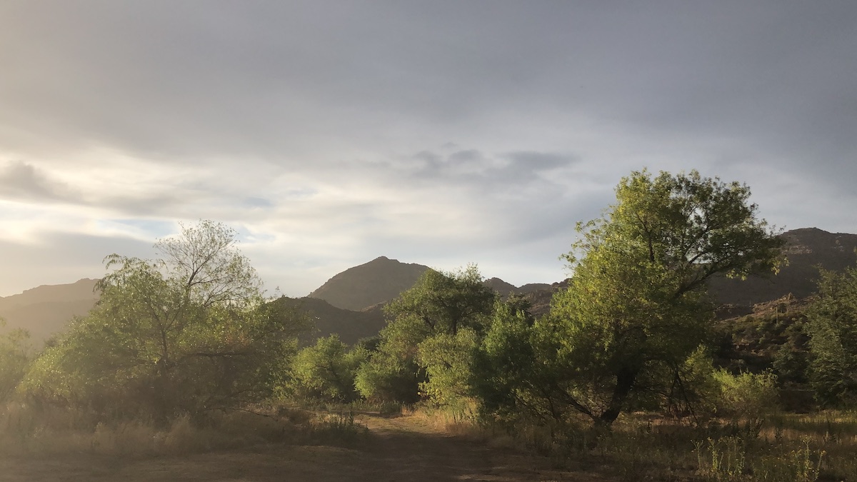 Rocky hills with trees in the foreground on a cloudy day.