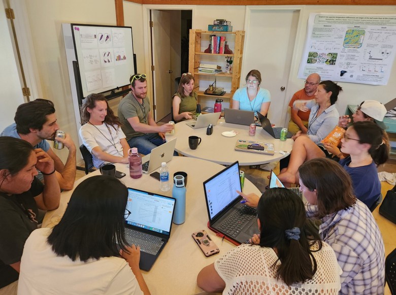 Workshop participants, several with laptops open, sit around tables during a group discussion.