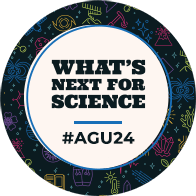 A white circle encircled by a blue rule overlies a background of colorful line art over back. The line art depicts scientific concepts such as Earth’s magnetic field, crystals, temperature, aurora, and stars. In the white circle is the following text: “What’s next for science. #AGU24.”