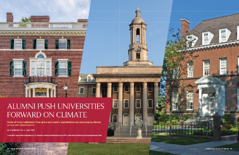 The opening spread of the print version of the Eos article “Alumni Push Universities Forward on Climate” by staff writer Kimberly M. S. Cartier
