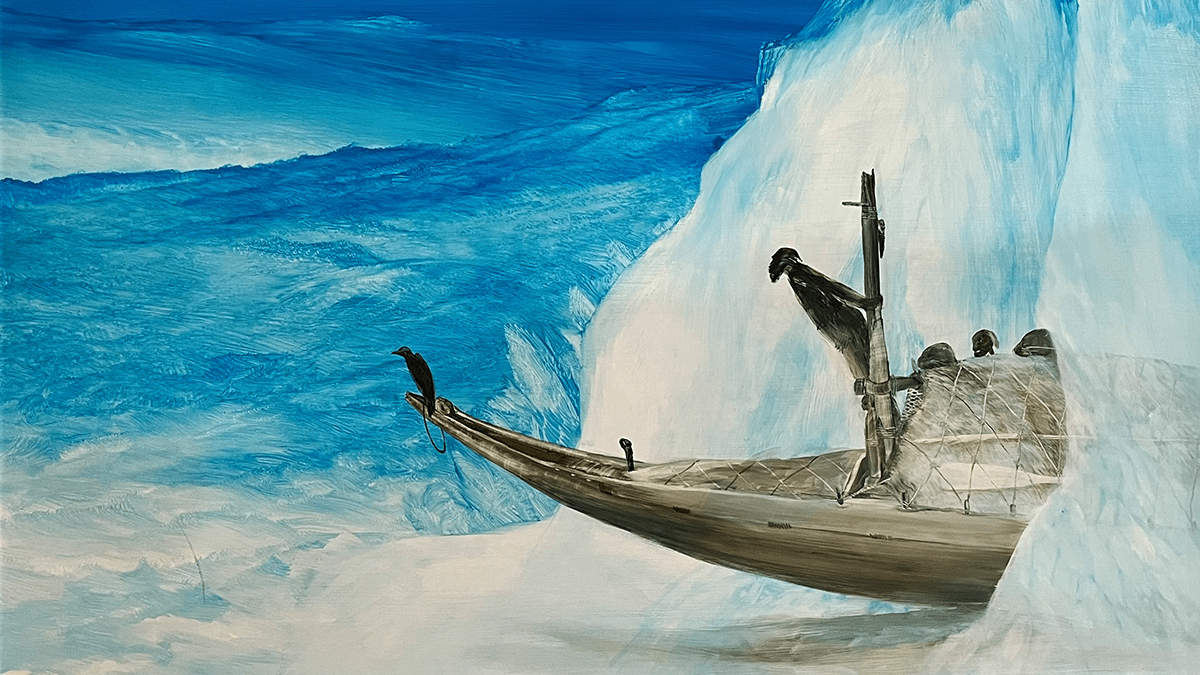 The painting Breaking News depicts the Polynesian explorer Ui-te-Rangiora sailing amid ice and ocean on a small boat.