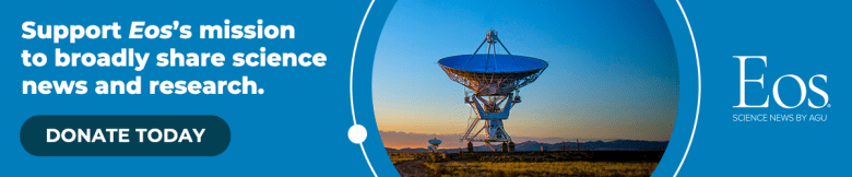 A photo of a telescope array appears in a circle over a field of blue along with the Eos logo and the following text: Support Eos’s mission to broadly share science news and research. Below the text is a darker blue button that reads “donate today.”