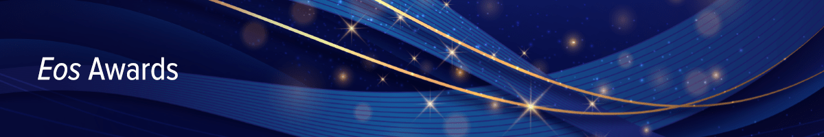 Blue banner with gold ribbons and sparkles