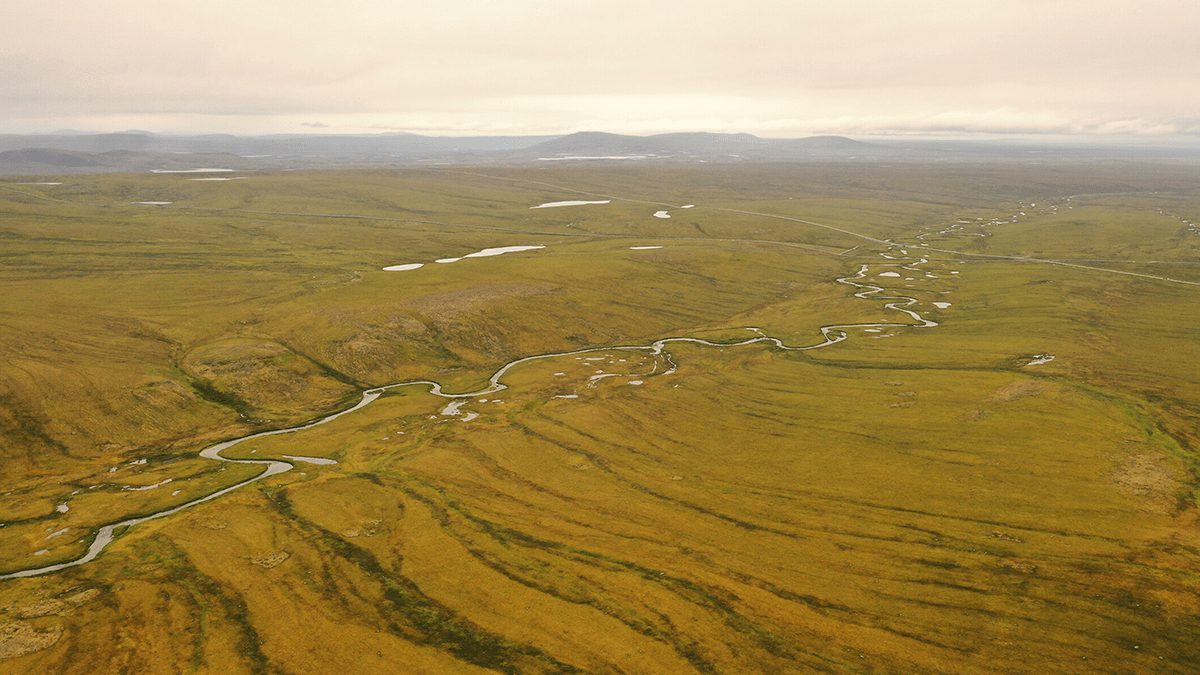 Photo of a valley with a dark water tracks leading to a sinuating river.