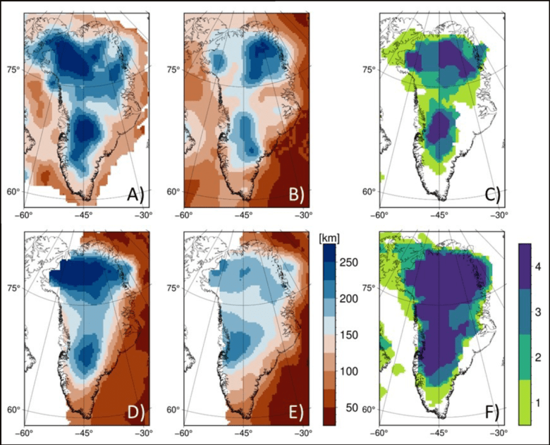 In a six-panel figure, each panel shows a map of Greenland overlain with color-coded data denoting depth to the thermal lithosphere-asthenosphere boundary predicted by four different models (left four panels) or agreement among these models’ predictions (right two panels).
