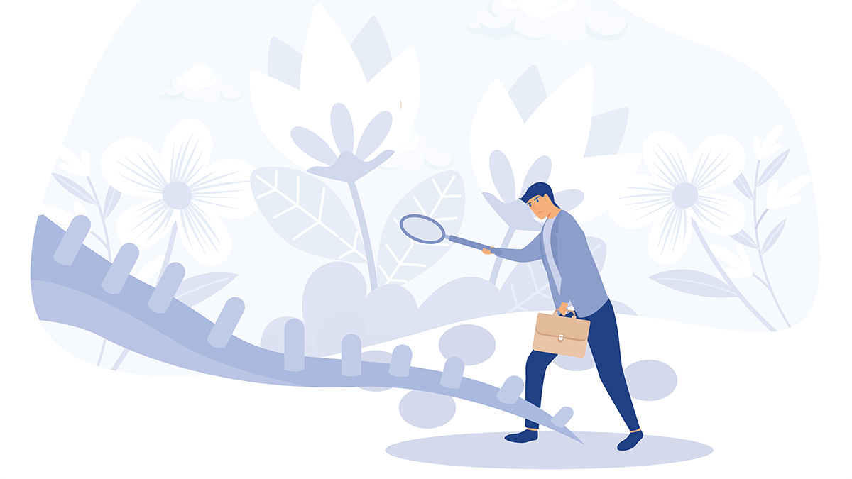 Stylized illustration in shades of blue of a person holding a magnifying glass above what looks like the tail of a dinosaur or other large animal.