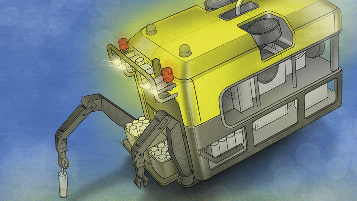 An illustration of a midsize remotely operated vehicle. The vehicle resembles a yellow box with lights and mechanical arms attached.
