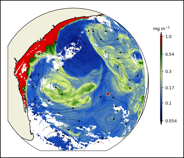 An artist’s depiction of the Mozambique Channel, seen from above. The coast is on the left, and swirls of dark blue and green in the water represent the paths of cyclonic eddies and chlorophyll-rich waters.