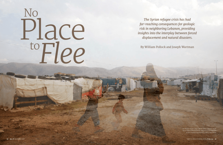 Two-page opening spread of the feature article “No Place to Flee”