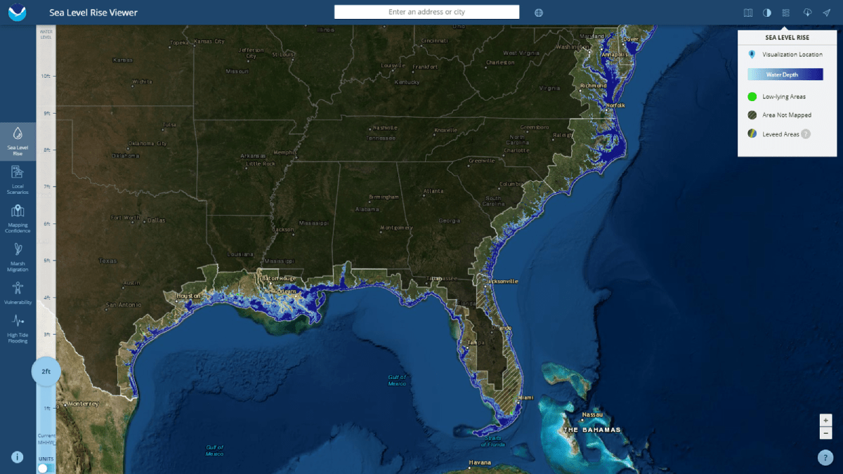 A screenshot of a Sea Level Rise Viewer map viewer showing the Atlantic and Gulf coasts of the United States.