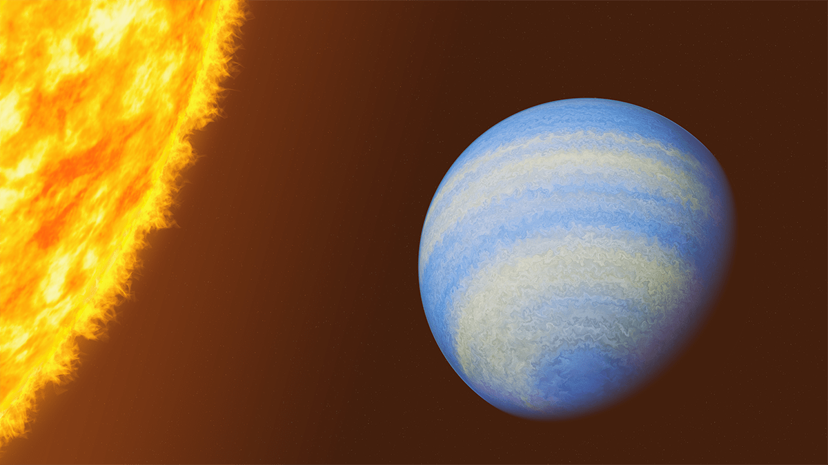 A blue planet appears next to a yellow star against a black background.