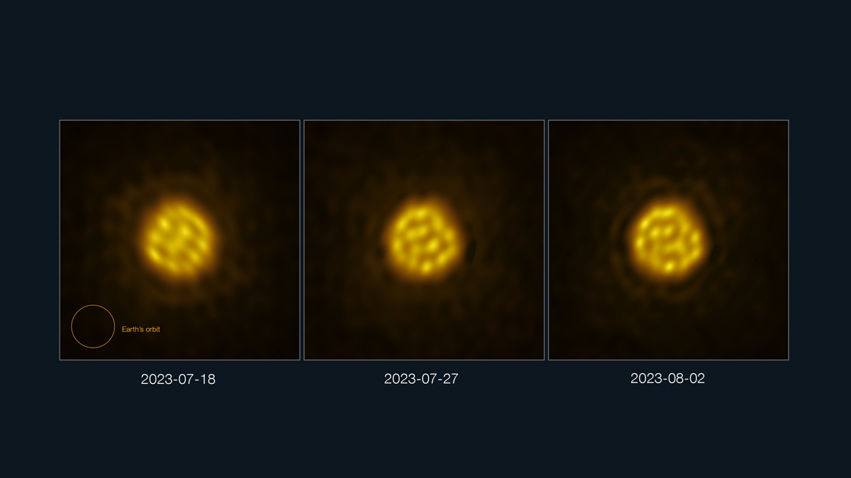 Three panels show a round star with bright dots that change configuration.