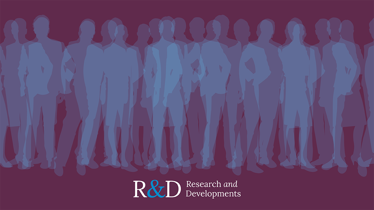 Silhouettes of people in lavender and periwinkle stand, some overlapping, on a aubergine-colored background. Overlying the image at the bottom is the text “R&D Research and Developments.”