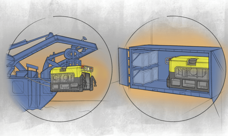 An illustration shows a research vessel hoisting a remotely operated vehicle out of the water, then storing the vehicle in a rectangular cabinet.