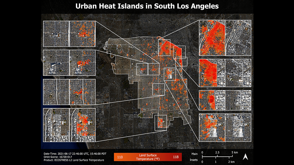 Surface temperature measurements are shown by orange-red coloration on a satellite image of the Los Angeles area, with South Los Angeles outlined in white and inset images showing closer views of eight different parts of the area.