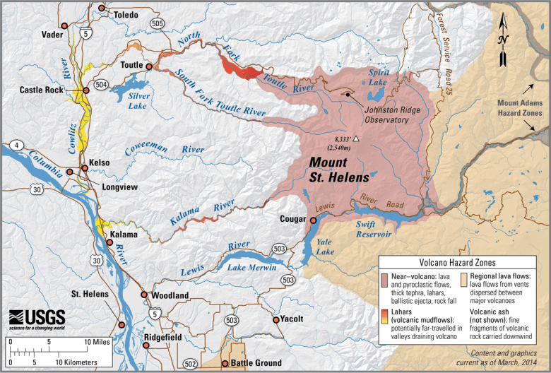 A simplified hazard map around Mount St. Helens in Washington State that highlights zones at risk for hazards such as near-volcano pyroclastic flows and rockfalls as well as more distant mudflows.